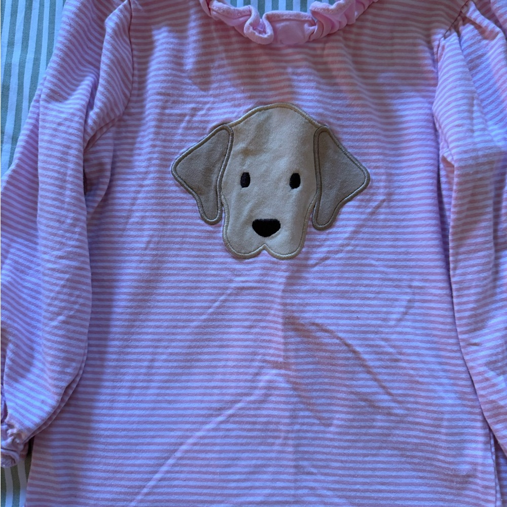 Pink Striped Long Sleeve Kids Tee with Dog Design